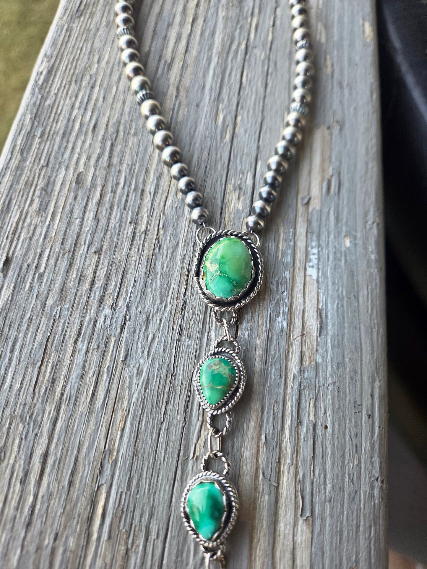 Choker Lariet Emerald Valley & Sonoran Turquoise & Sterling Silver Navajo Style Pearl • 16 inches with 6 inch drop