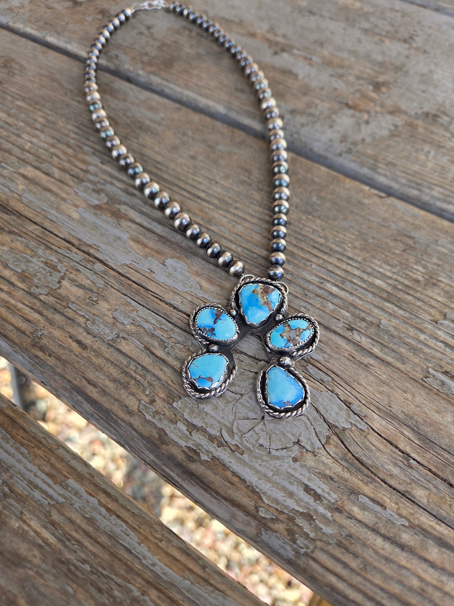 Golden Hill Turquoise, Sterling Silver Navajo Style Pearls. 17 inches