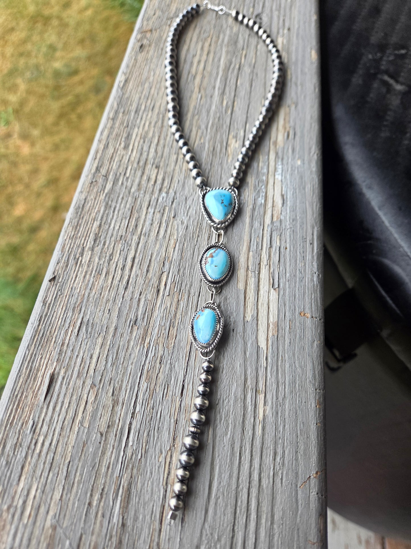 Choker Lariet Golden Hill Turquoise & Sterling Silver Navajo Style Pearl • 15.5 inches with 6 inch drop