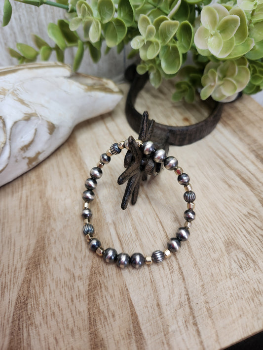 Gold Filled & Sterling Silver Navajo Style Pearls.  Stretch Bracelet