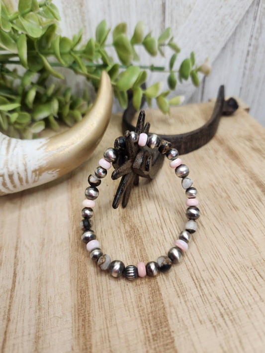 Pink Conch & White Bronze Buffalo & Sterling Silver Navajo Style Pearls.  Stretch Bracelet