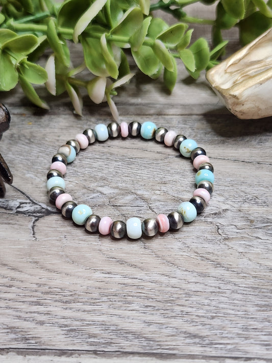 Pink Conch, Peruvian Opal & Sterling Silver Navajo Style Pearls.  Stretch Bracelet