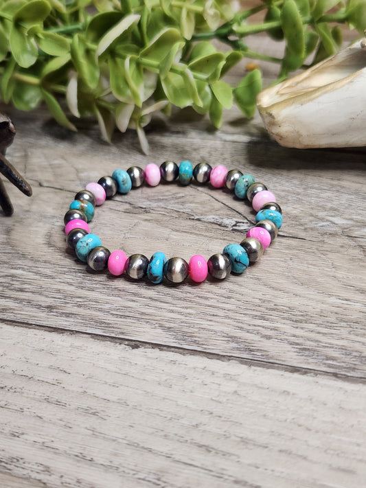 Pink Opal, Kingsmen Turquoise, & Sterling Silver Navajo Style Pearls.  Stretch Bracelet