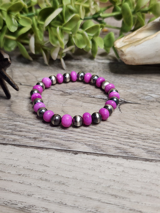 Dark Pink Opal & Sterling Silver Navajo Style Pearls.  Stretch Bracelet