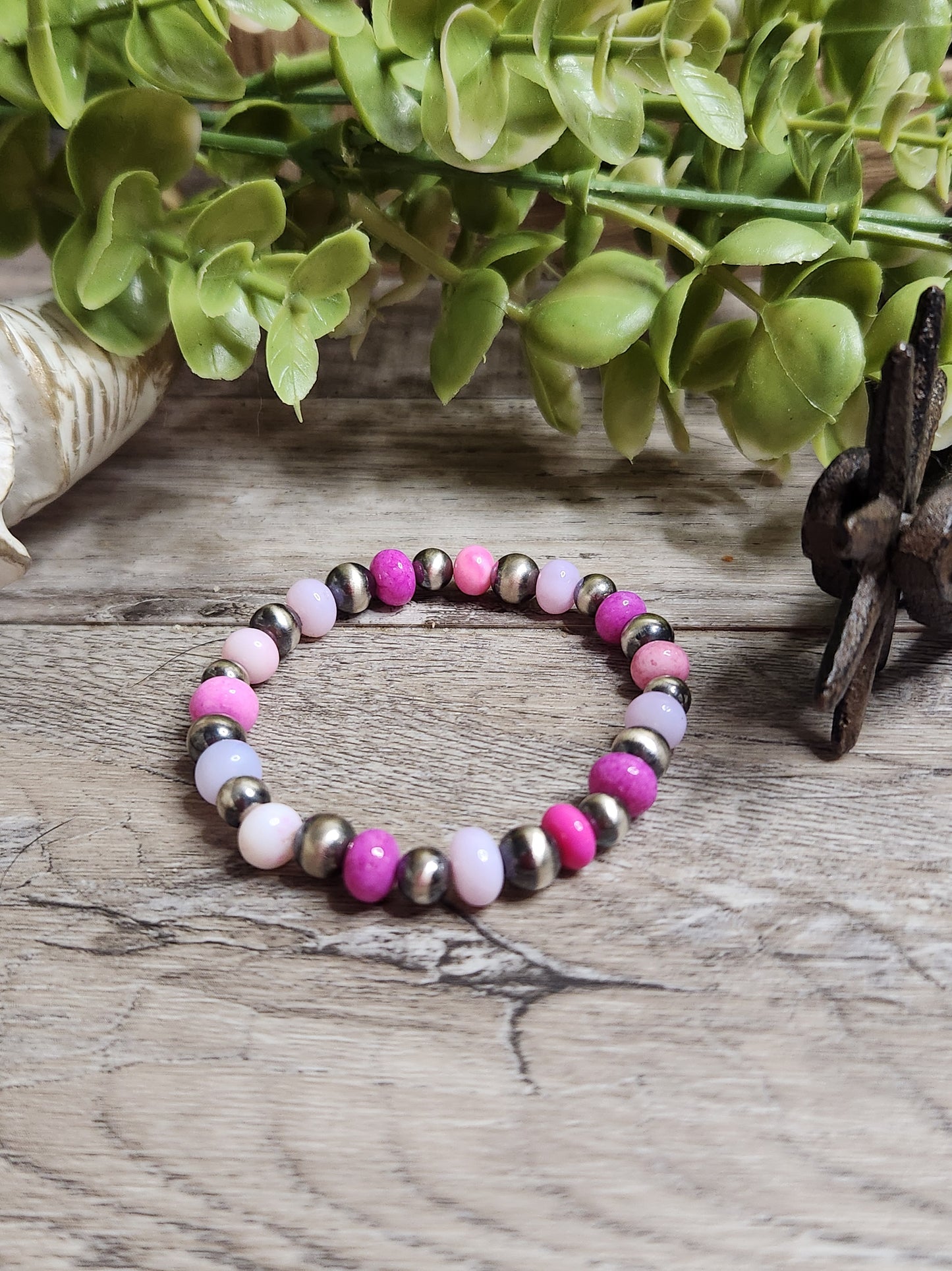 Purple & Pink Opal & Sterling Silver Navajo Style Pearls.  Stretch Bracelet