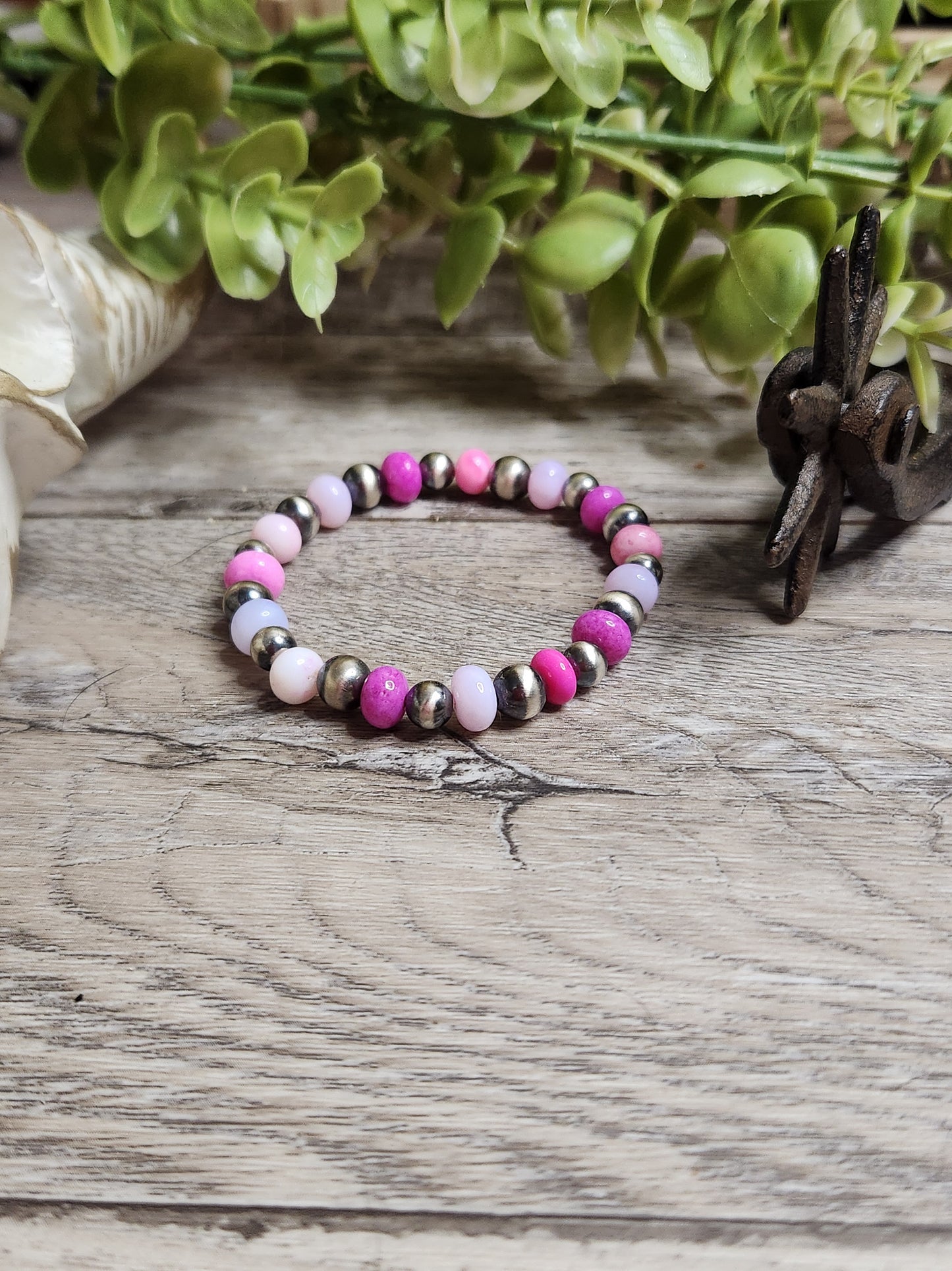 Purple & Pink Opal & Sterling Silver Navajo Style Pearls.  Stretch Bracelet