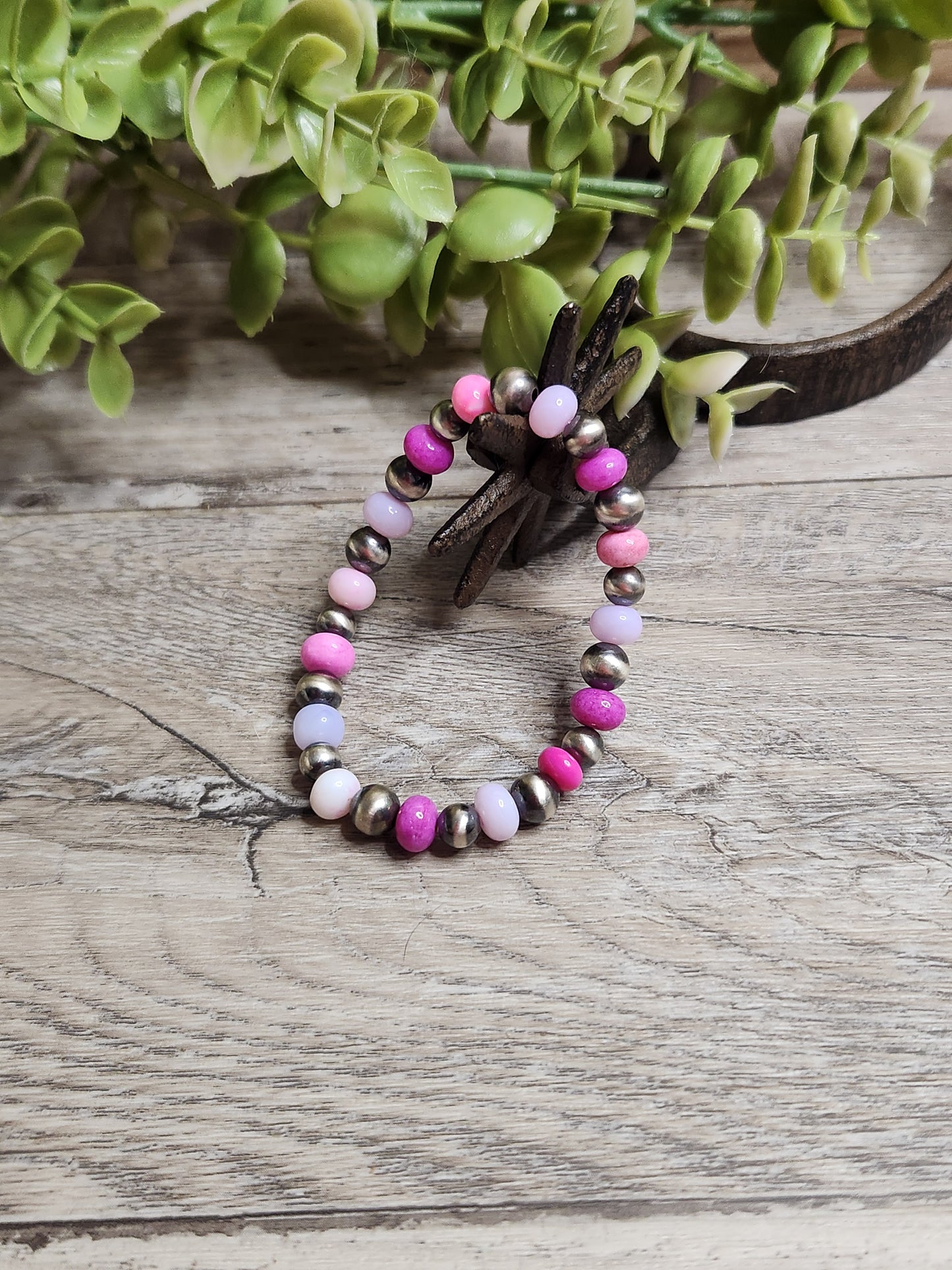 Purple & Pink Opal & Sterling Silver Navajo Style Pearls.  Stretch Bracelet