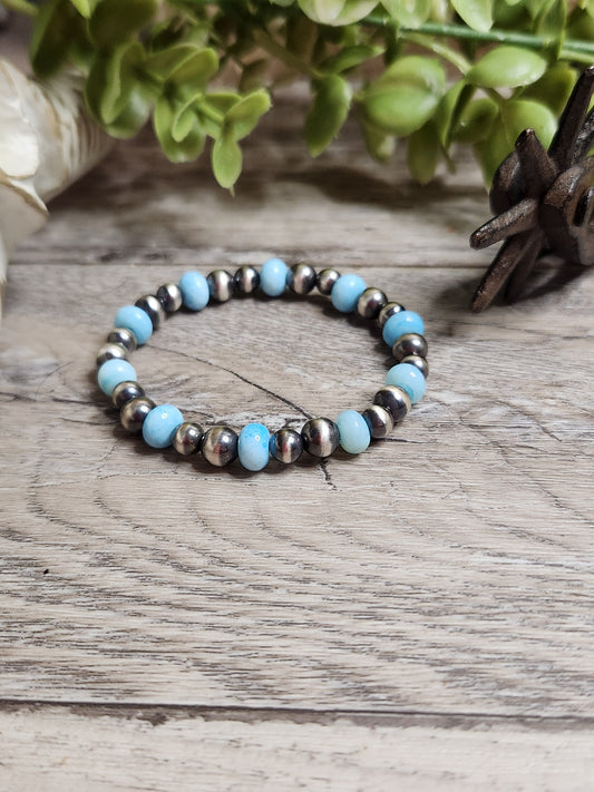 Blue Opal & Sterling Silver Navajo Style Pearls.  Stretch Bracelet