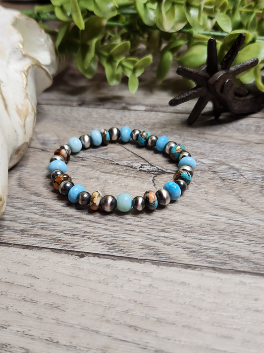 Blu Opal, Spiny Oyster Turquoise, & Sterling Silver Navajo Style Pearls.  Stretch Bracelet