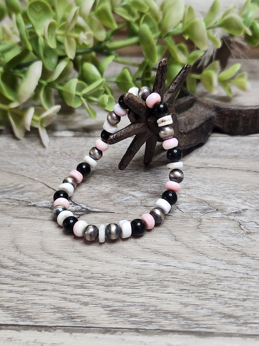 Pink Conch,Black Onyx & Sterling Silver Navajo Style Pearls.  Stretch Bracelet