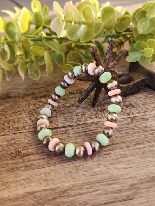 Green Opal, Pink Conch, & Sterling Silver Navajo Style Pearls.  Stretch Bracelet