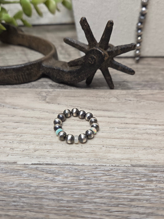 Stretch Ring with Ethiopian Opal and Sterling Silver Navajo Style Pearls