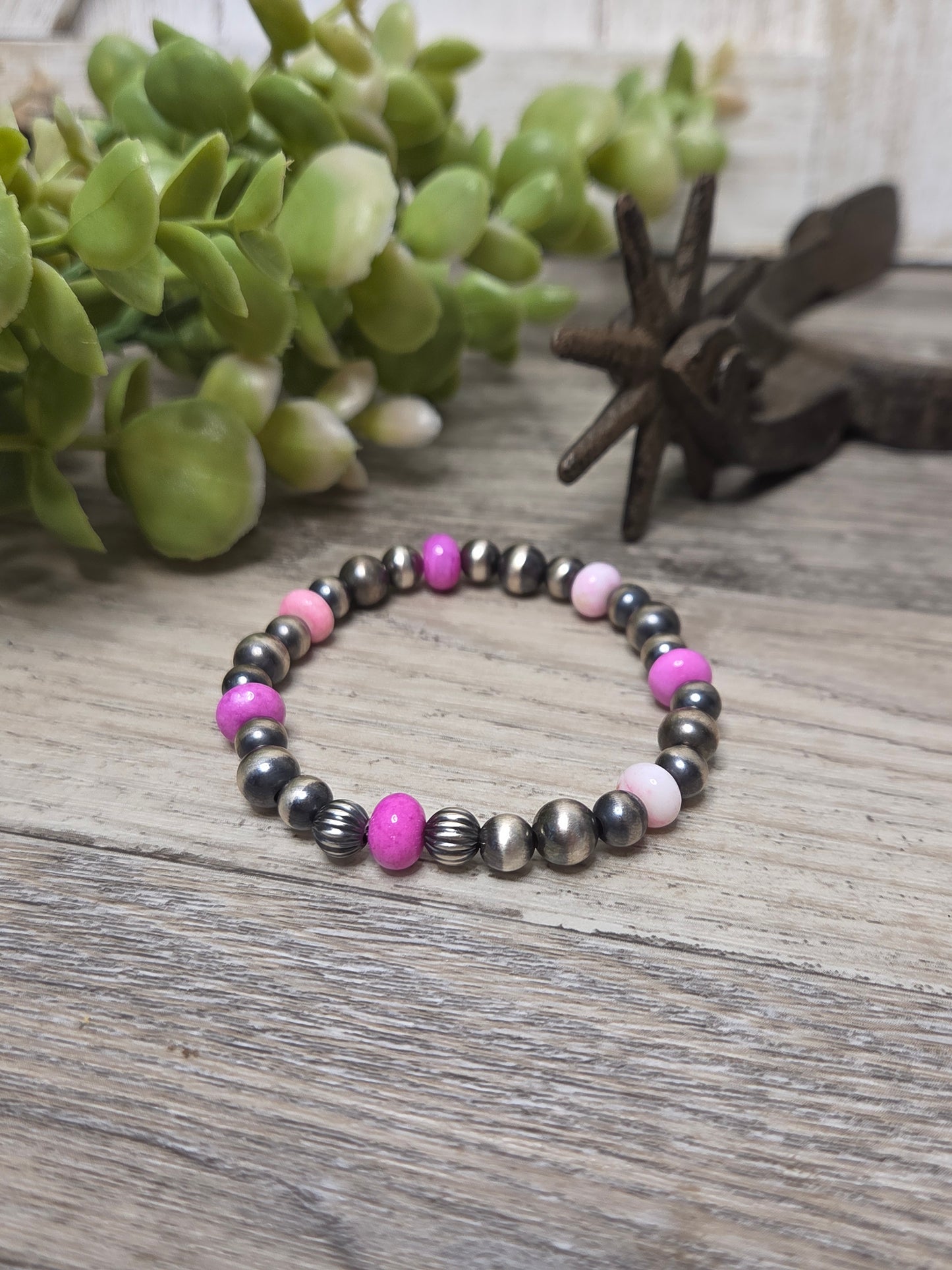 Pink Opal & Sterling Silver Navajo Style Pearls.  Stretch Bracelet