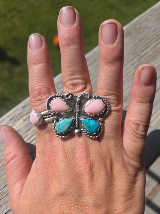 ButterFly Ring with Pink Conch & Kingsmen Turquoise Size 8.5