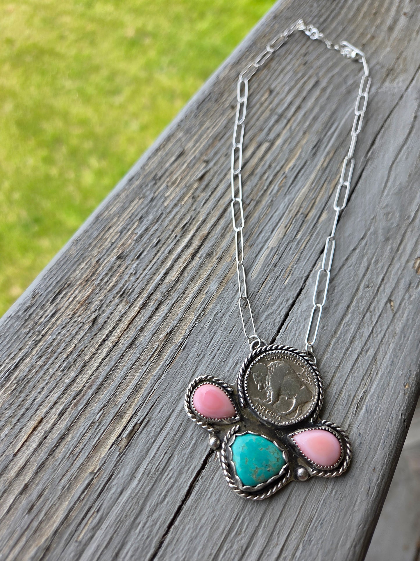 Buffalo Coin, Pink Conch, Tyrone Turquoise & Sterling Silver Necklace. 15 1/2 inches to 17 1/2 inches