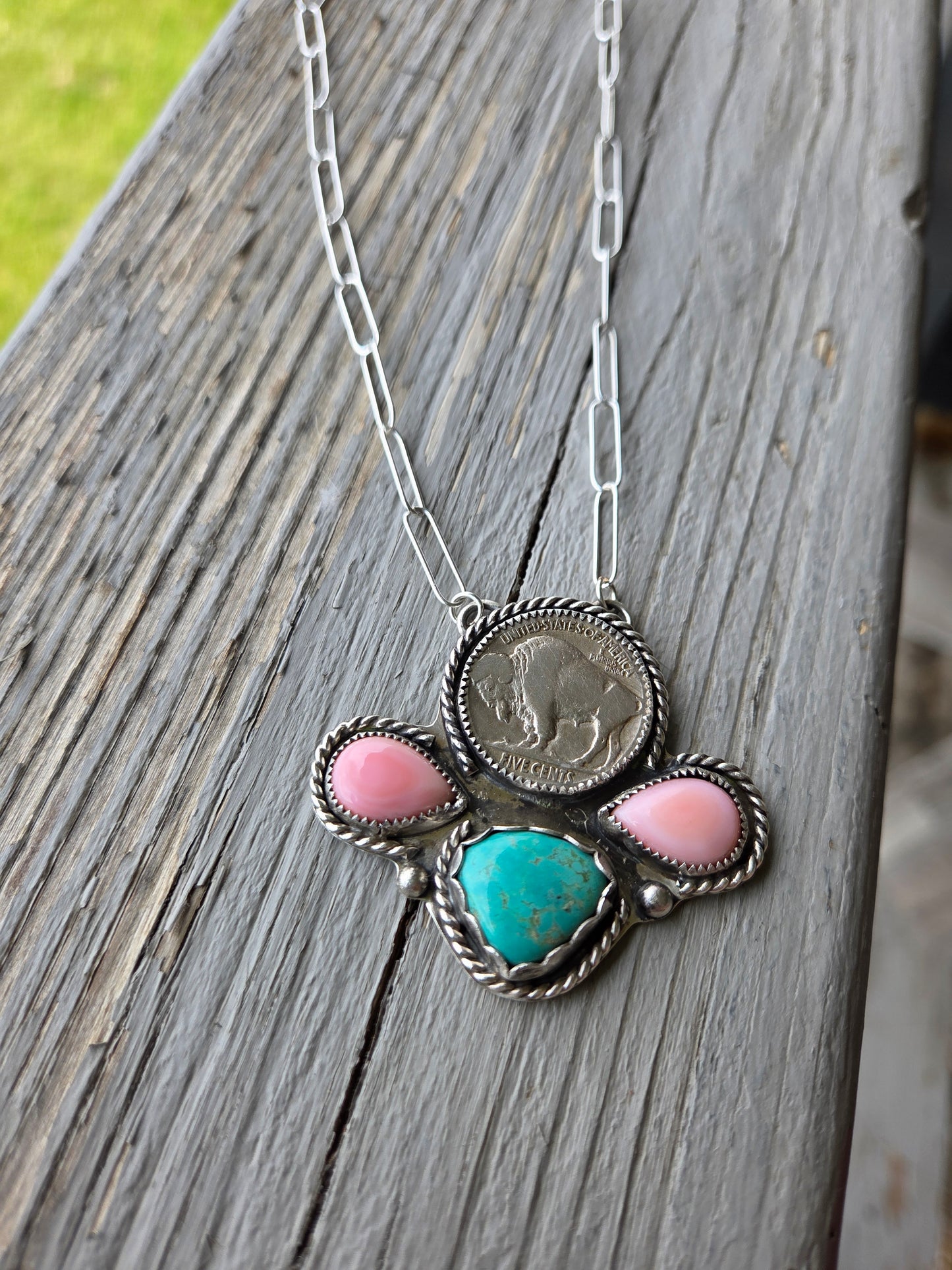 Buffalo Coin, Pink Conch, Tyrone Turquoise & Sterling Silver Necklace. 15 1/2 inches to 17 1/2 inches