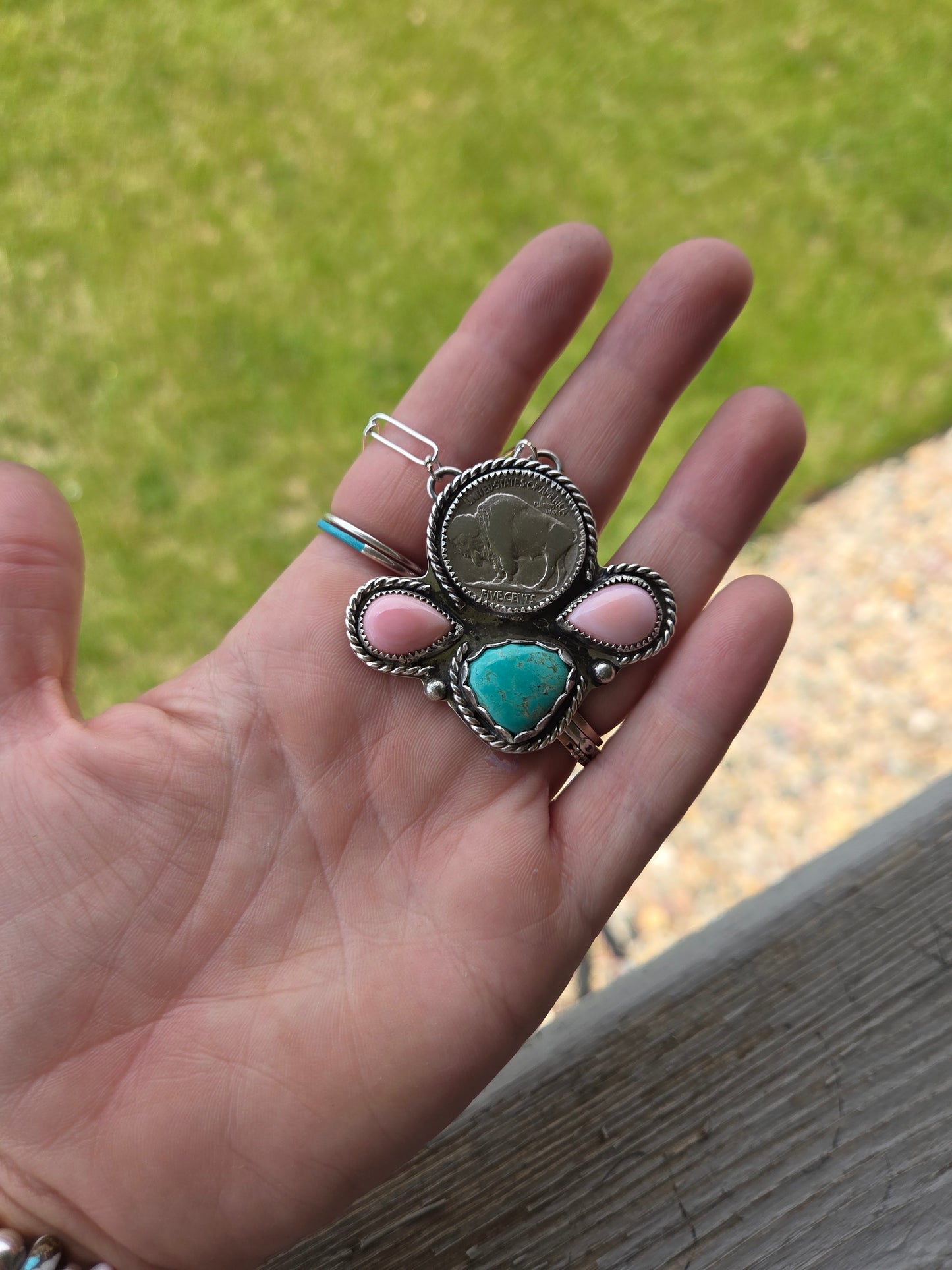 Buffalo Coin, Pink Conch, Tyrone Turquoise & Sterling Silver Necklace. 15 1/2 inches to 17 1/2 inches