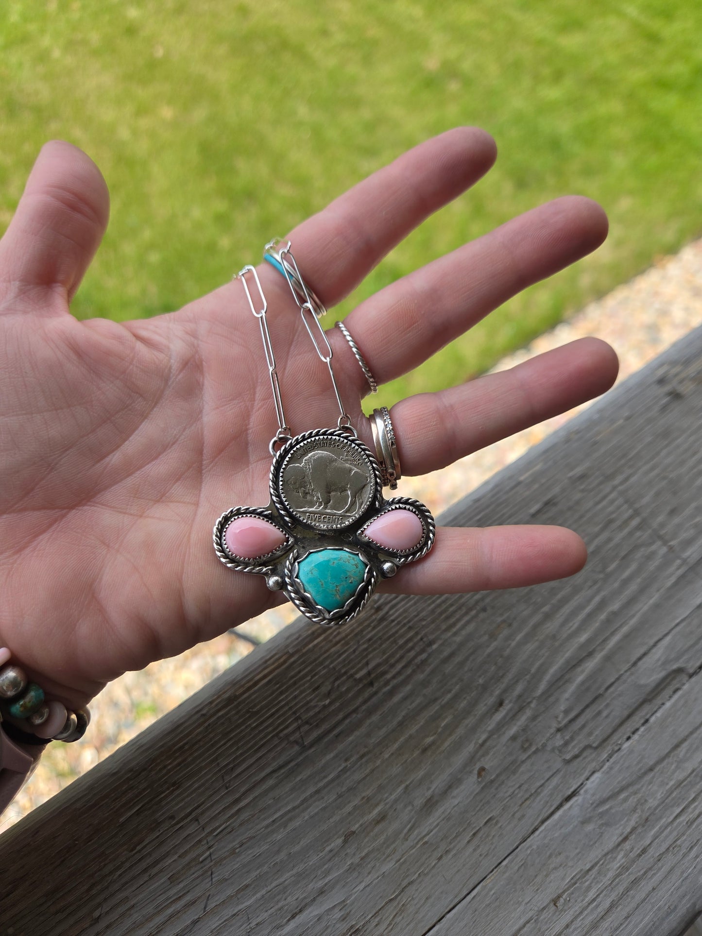 Buffalo Coin, Pink Conch, Tyrone Turquoise & Sterling Silver Necklace. 15 1/2 inches to 17 1/2 inches