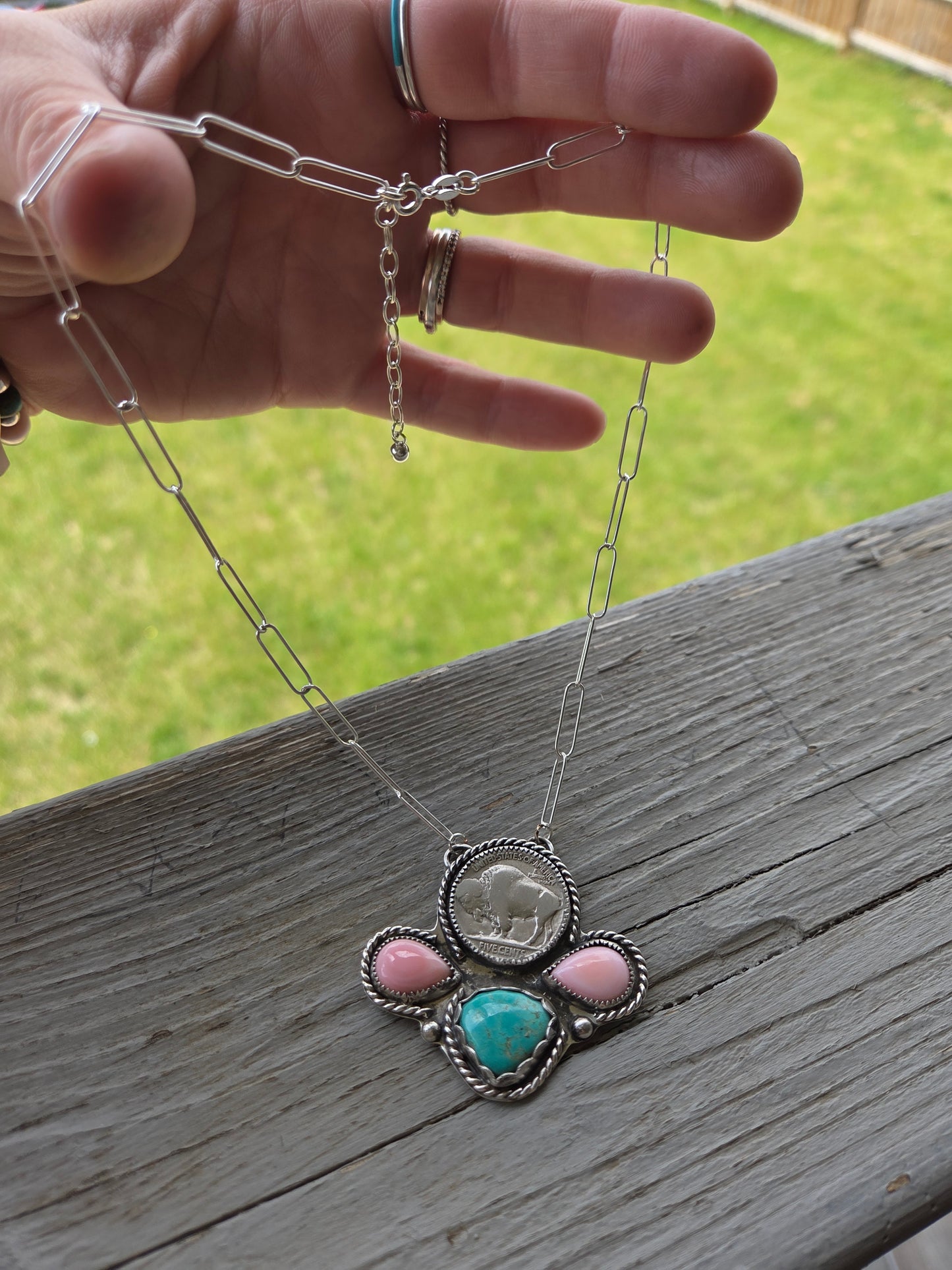 Buffalo Coin, Pink Conch, Tyrone Turquoise & Sterling Silver Necklace. 15 1/2 inches to 17 1/2 inches