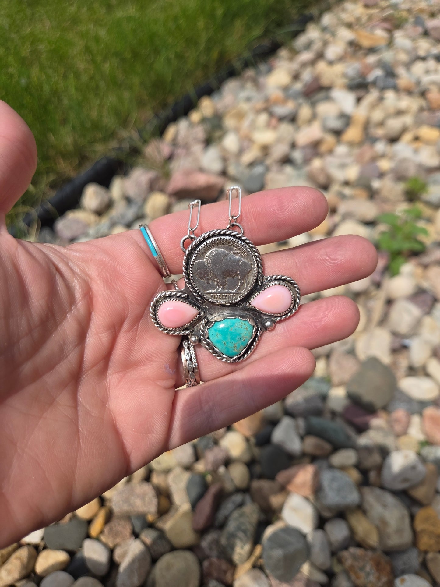 Buffalo Coin, Pink Conch, Tyrone Turquoise & Sterling Silver Necklace. 15 1/2 inches to 17 1/2 inches