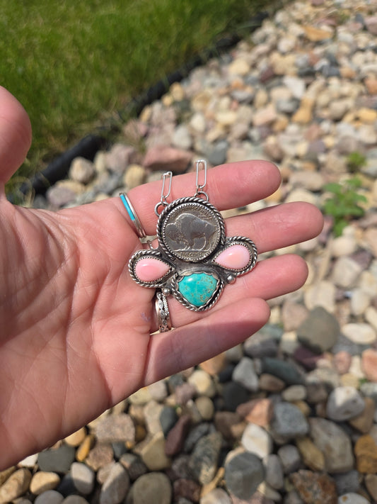 Buffalo Coin, Pink Conch, Tyrone Turquoise & Sterling Silver Necklace. 15 1/2 inches to 17 1/2 inches