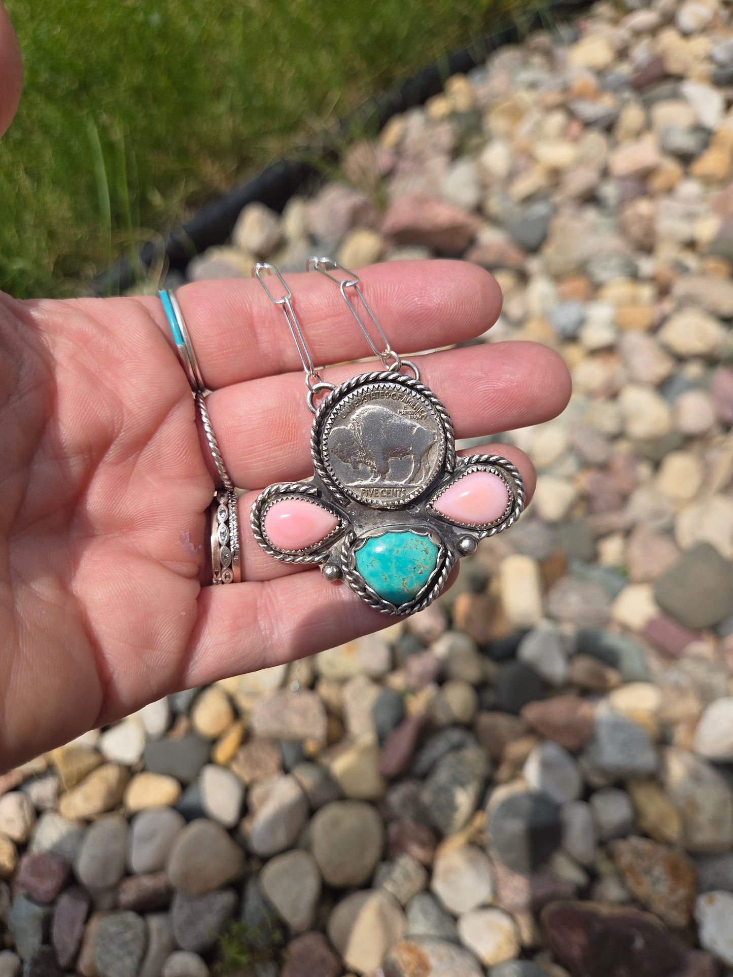 Buffalo Coin, Pink Conch, Tyrone Turquoise & Sterling Silver Necklace. 15 1/2 inches to 17 1/2 inches