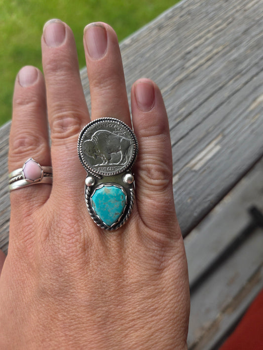 Tyrone Turquoise & Buffalo Coin • Sterling Silver Size 7.5
