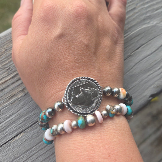 Buffalo Coin•Spiny Oyster Kingsmen Turquoise •Sterling Silver Navajo Style Pearl • Sterling Silver Adjustable clasp