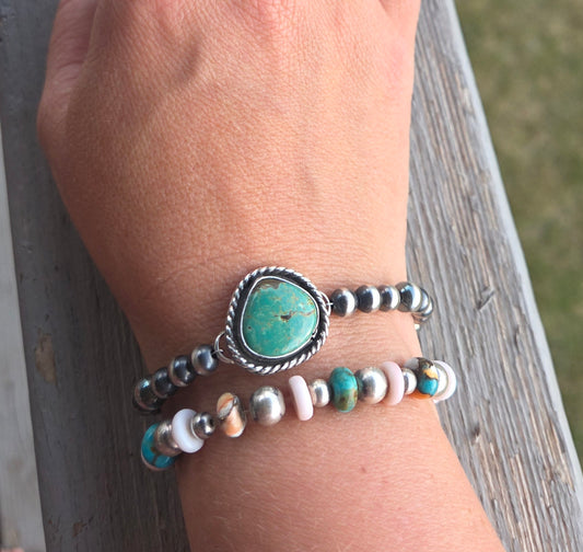Tyrone Turquoise Pendant •Sterling Silver Navajo Style Pearl • Sterling Silver Adjustable clasp