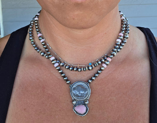 Buffalo Coin • Pink Conch • Sterling Silver Navajo Style Pearl