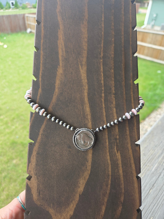 Buffalo Coin • Pink Conch • Sterling Silver Navajo Style Pearl