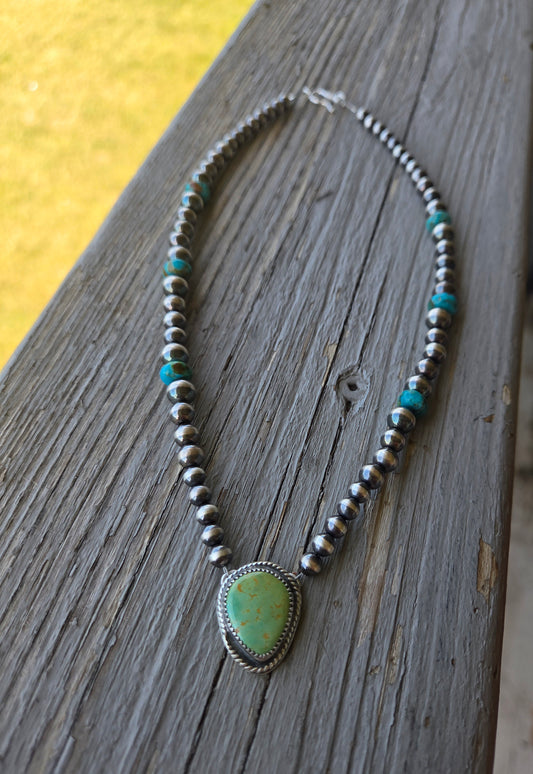 Evans Turquoise • Kingsmen Turquoise • Sterling Silver Navajo Style Pearls 16. 5 inches