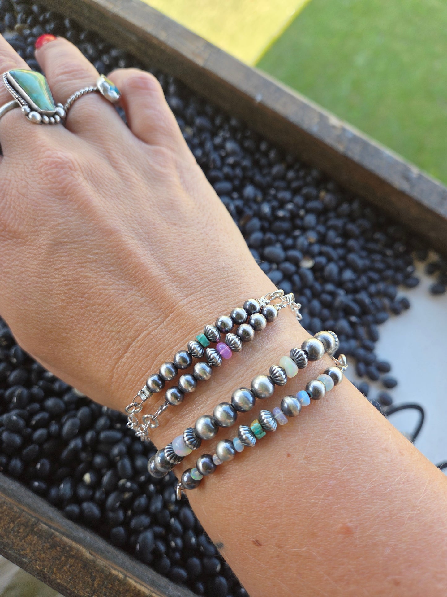 Sterling Silver Navajo Style Pearls • Turquoise •Sterling Silver Adjustable Chain