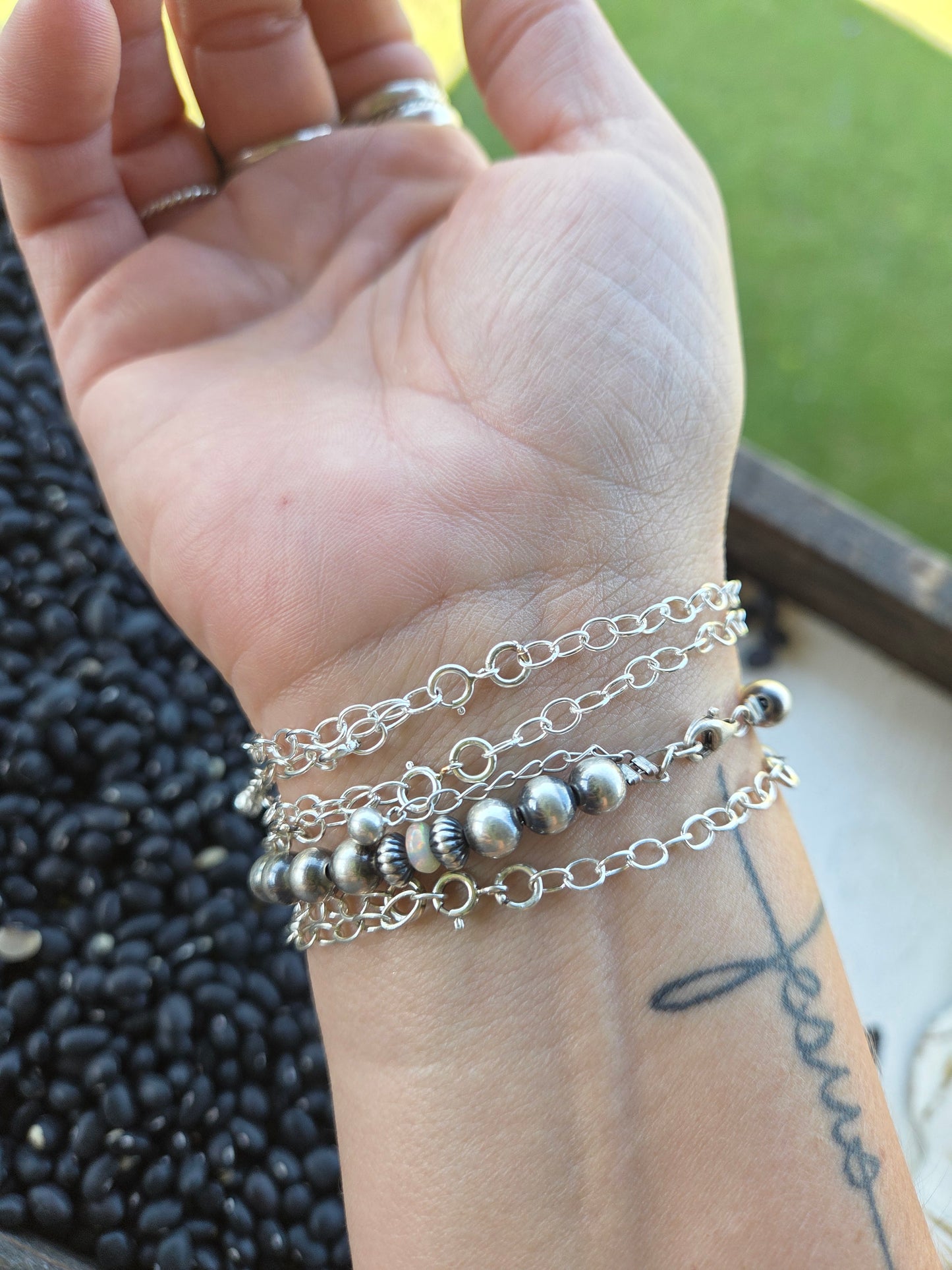 Sterling Silver Navajo Style Pearls • Turquoise •Sterling Silver Adjustable Chain