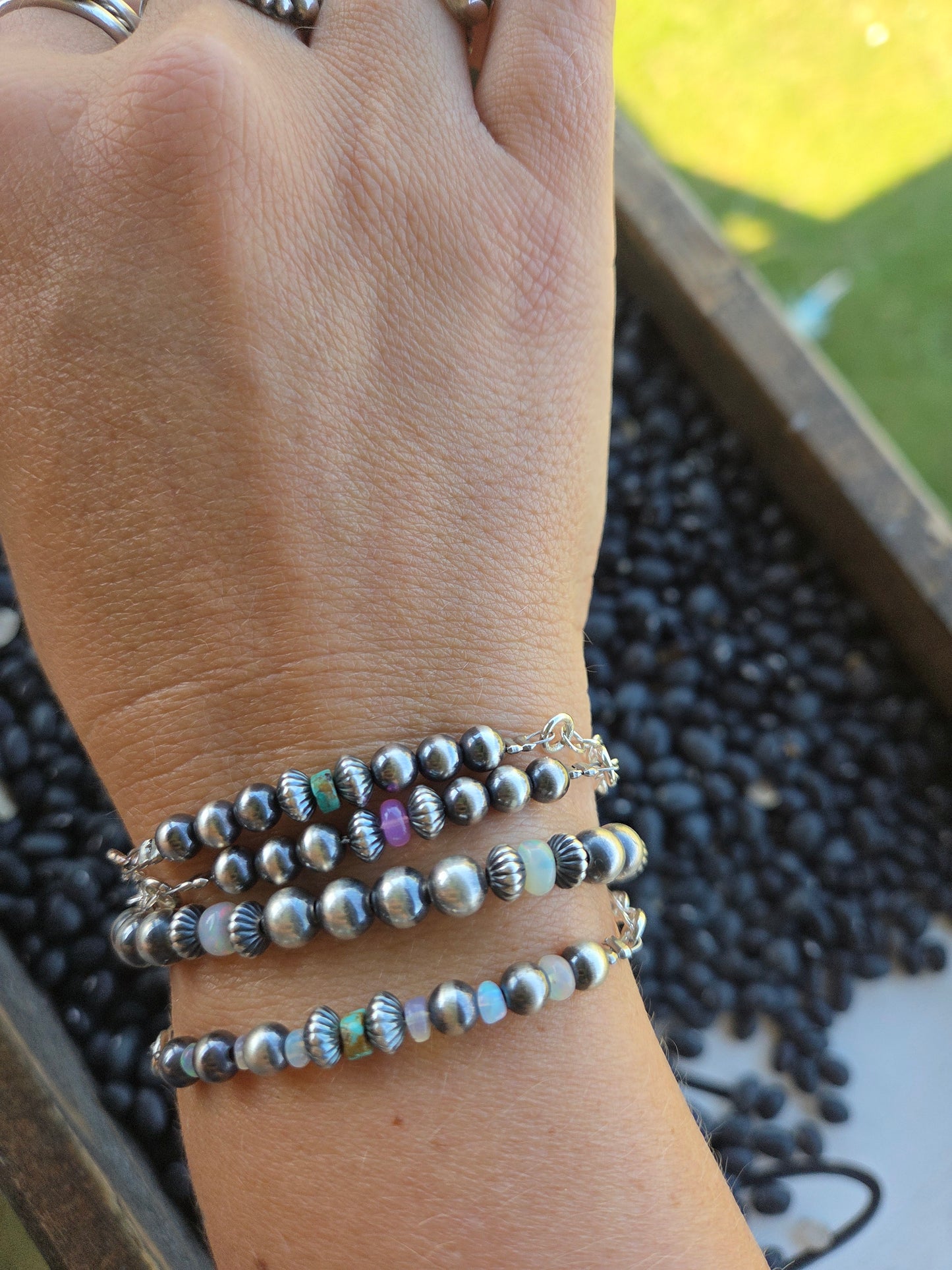 Sterling Silver Navajo Style Pearls • Turquoise •Sterling Silver Adjustable Chain