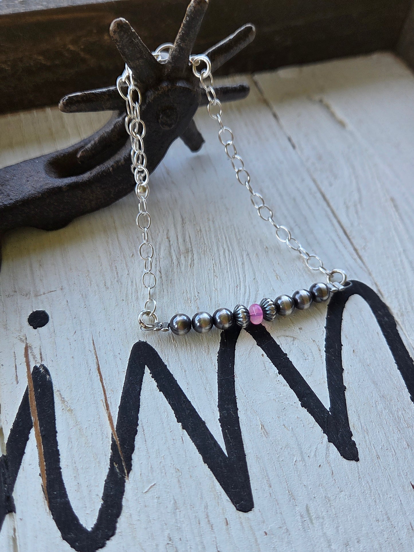 Sterling Silver Navajo Style Pearls • Pink Opal. Sterling Silver Adjustable Chain
