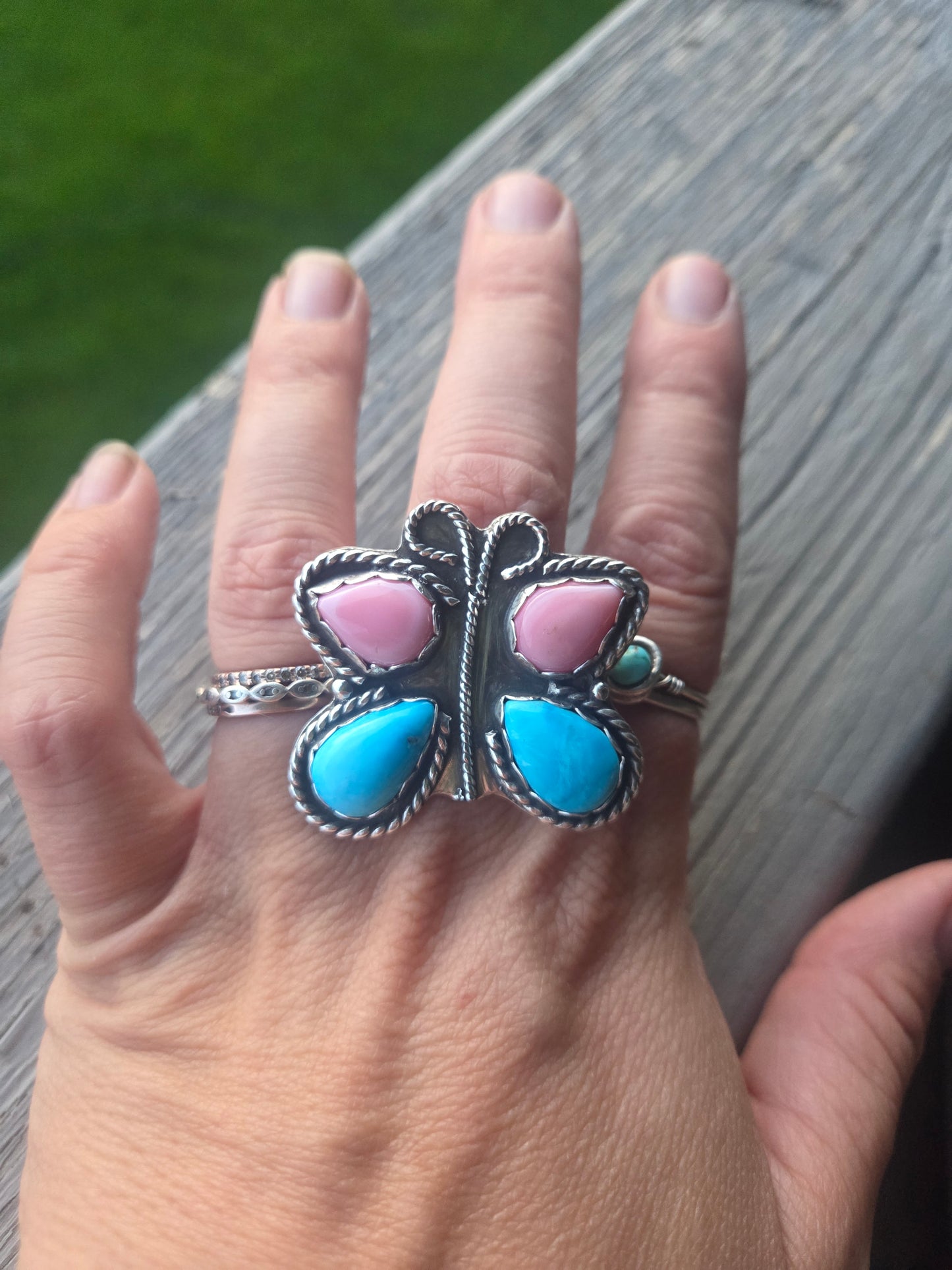 ButterFly Ring with Pink Conch & Kingsmen Turquoise Size 8