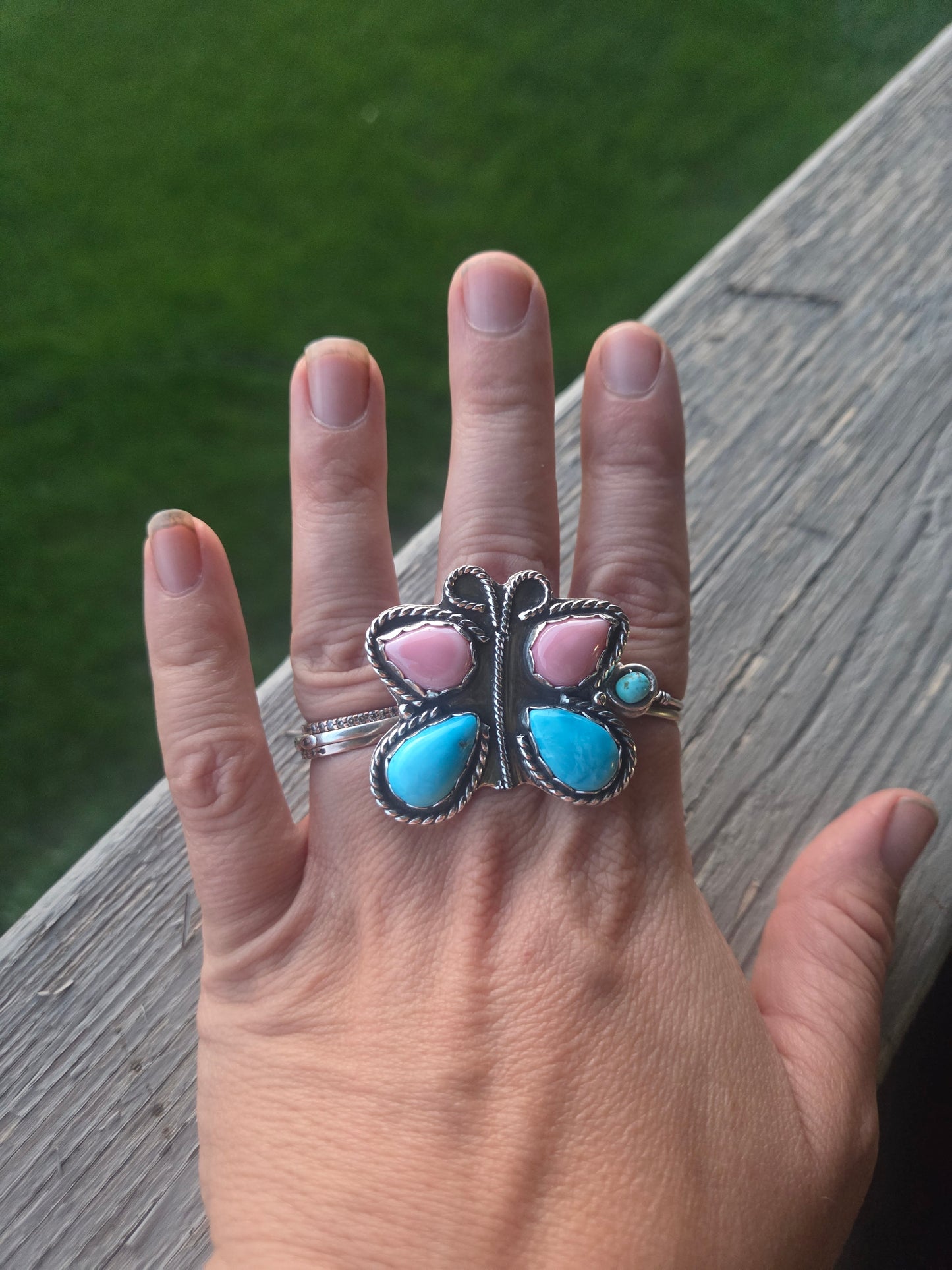 ButterFly Ring with Pink Conch & Kingsmen Turquoise Size 8