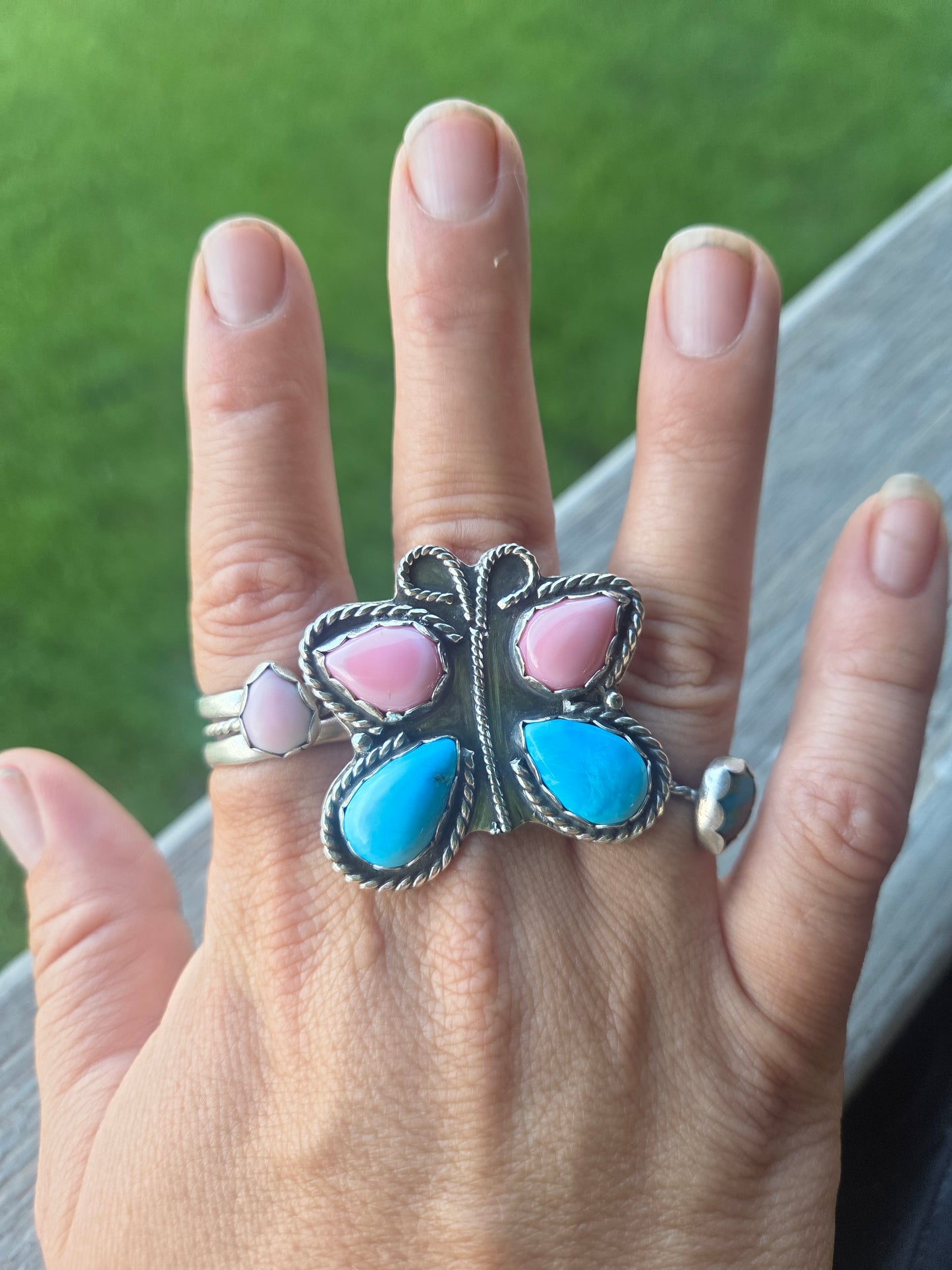 ButterFly Ring with Pink Conch & Kingsmen Turquoise Size 8