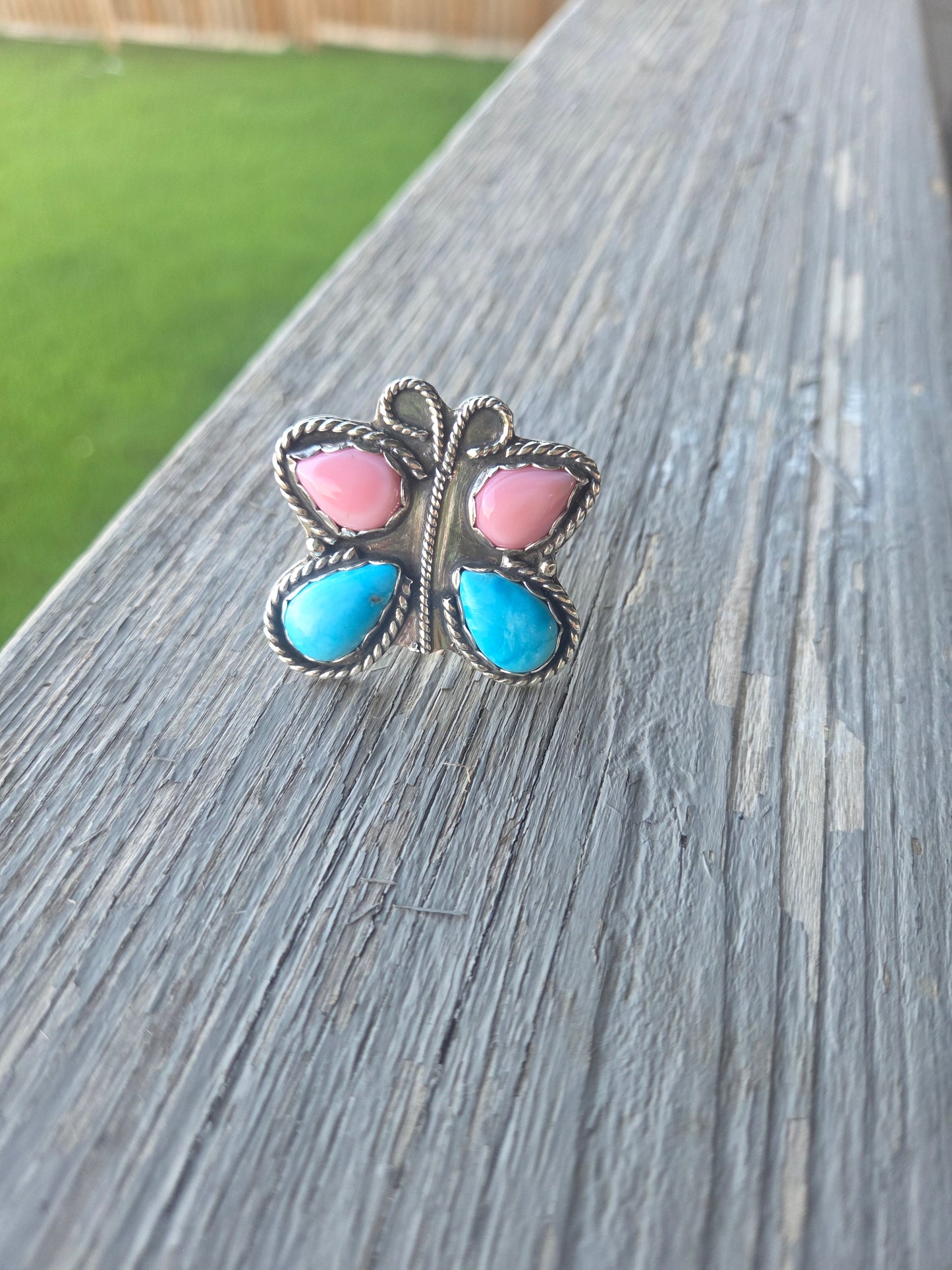 ButterFly Ring with Pink Conch & Kingsmen Turquoise Size 8