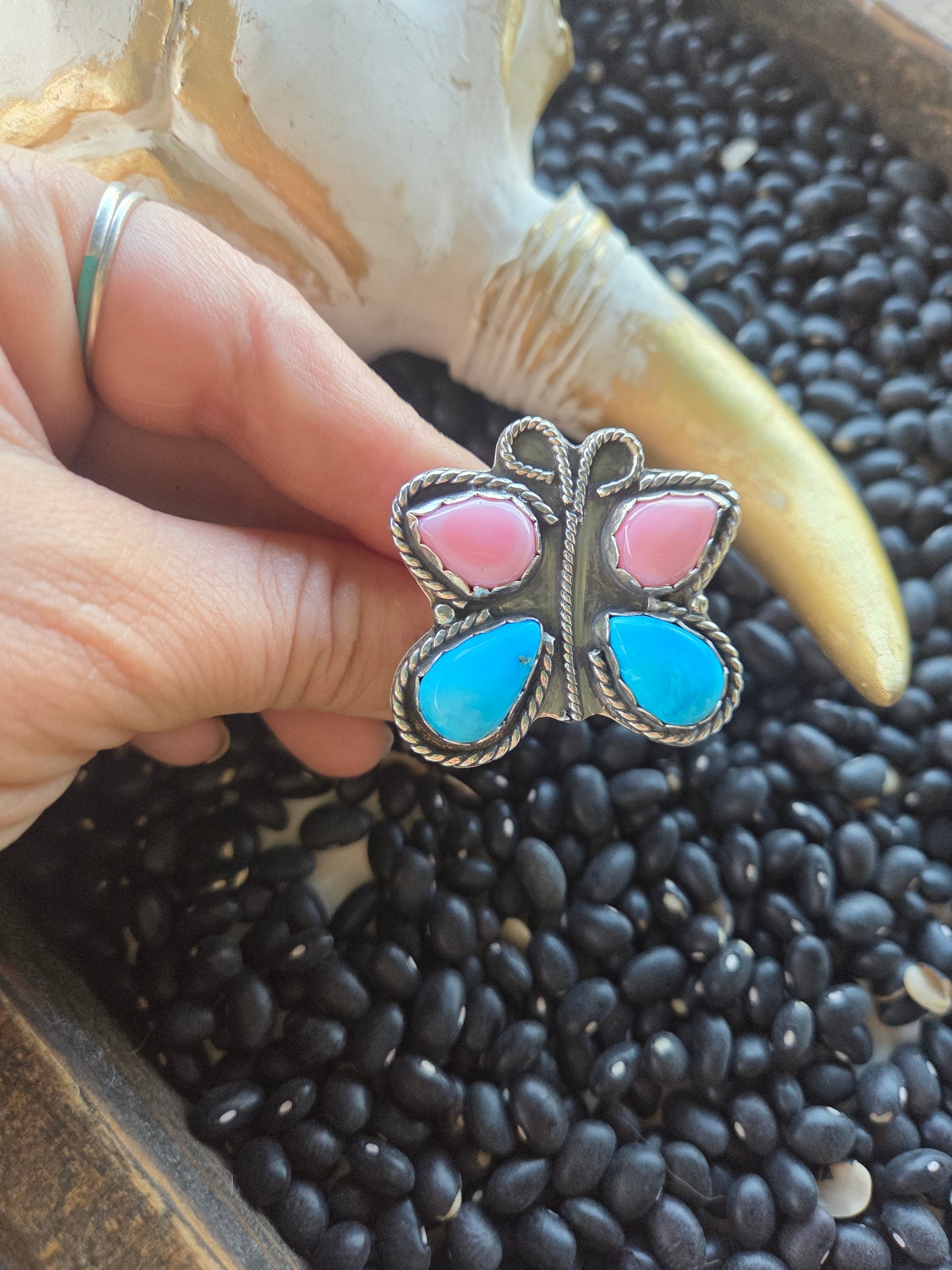 ButterFly Ring with Pink Conch & Kingsmen Turquoise Size 8