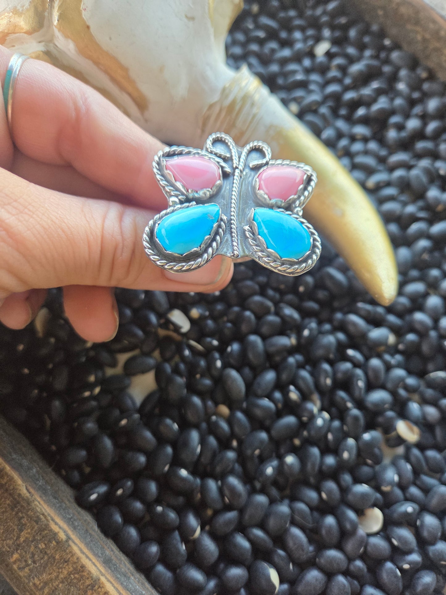 ButterFly Ring with Pink Conch & Kingsmen Turquoise Size 8