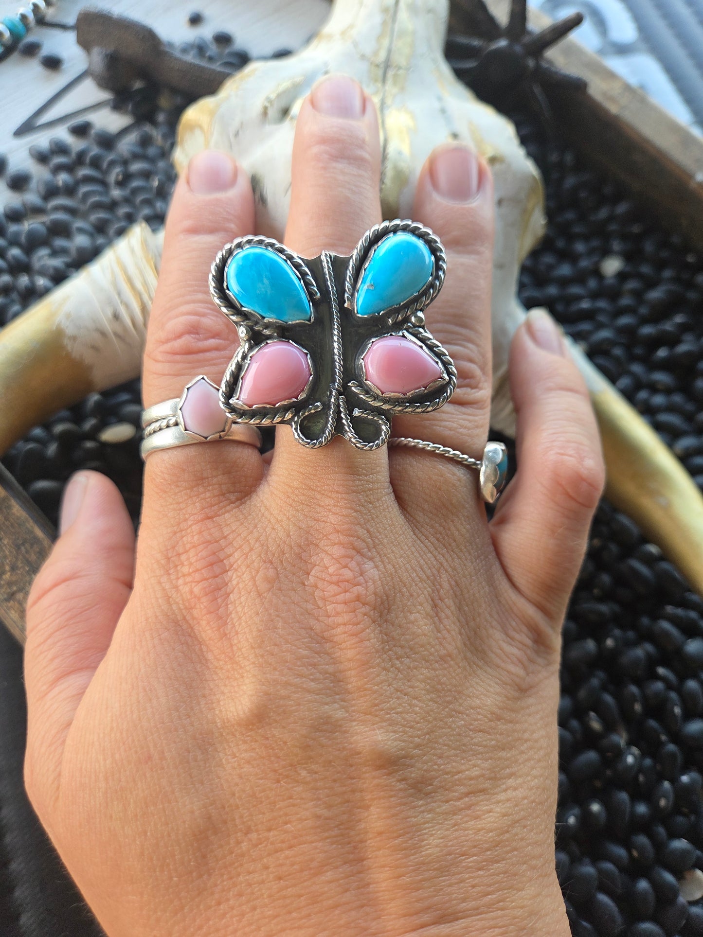 ButterFly Ring with Pink Conch & Kingsmen Turquoise Size 8