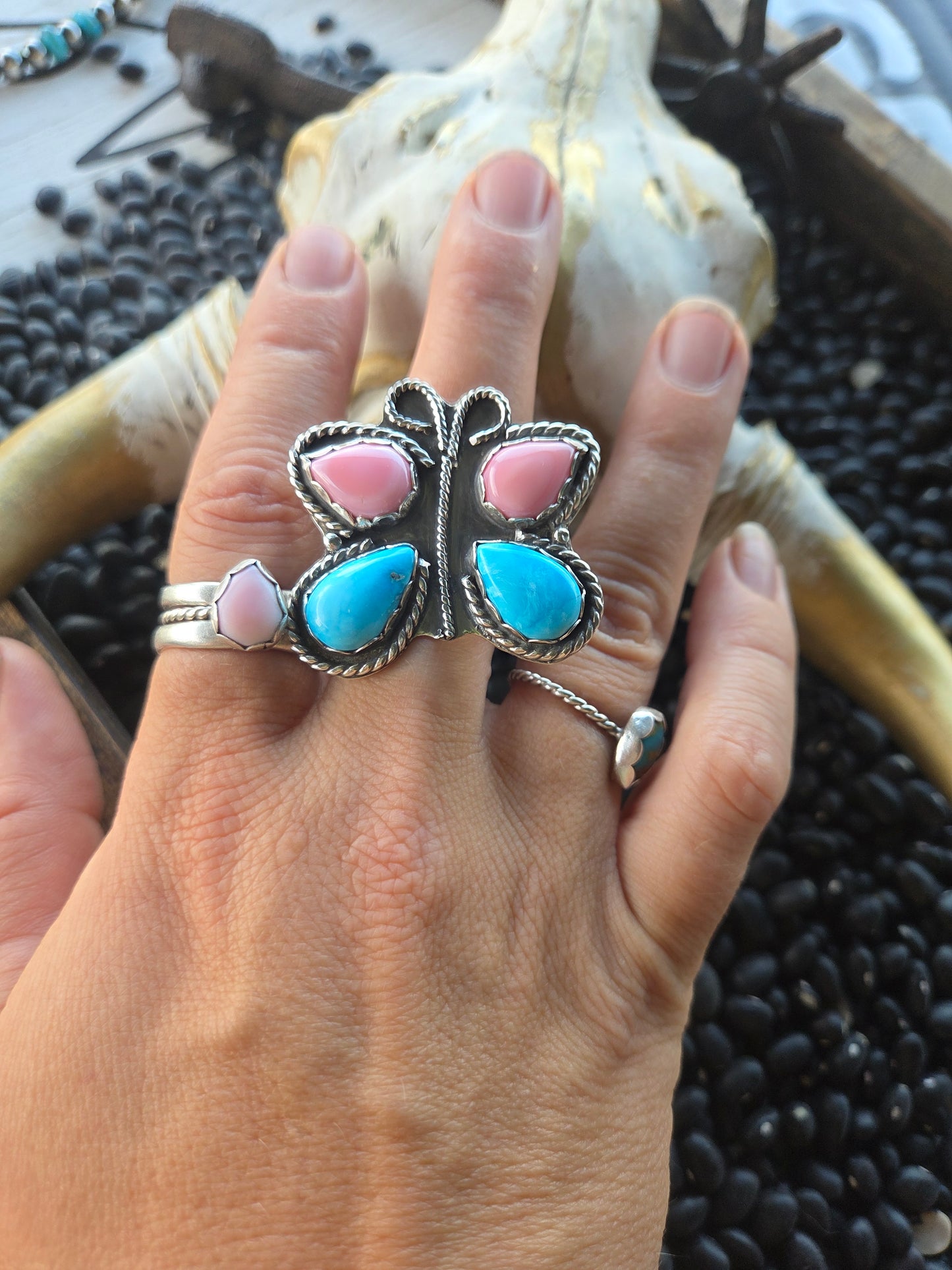 ButterFly Ring with Pink Conch & Kingsmen Turquoise Size 8
