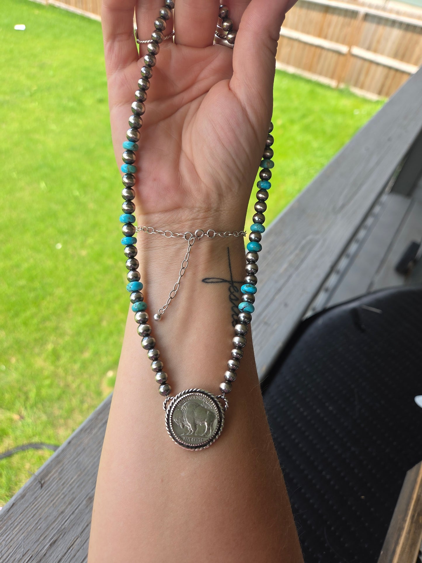 Buffalo Coin • Kingsmen Turquoise • Sterling Silver Navajo Style Pearl