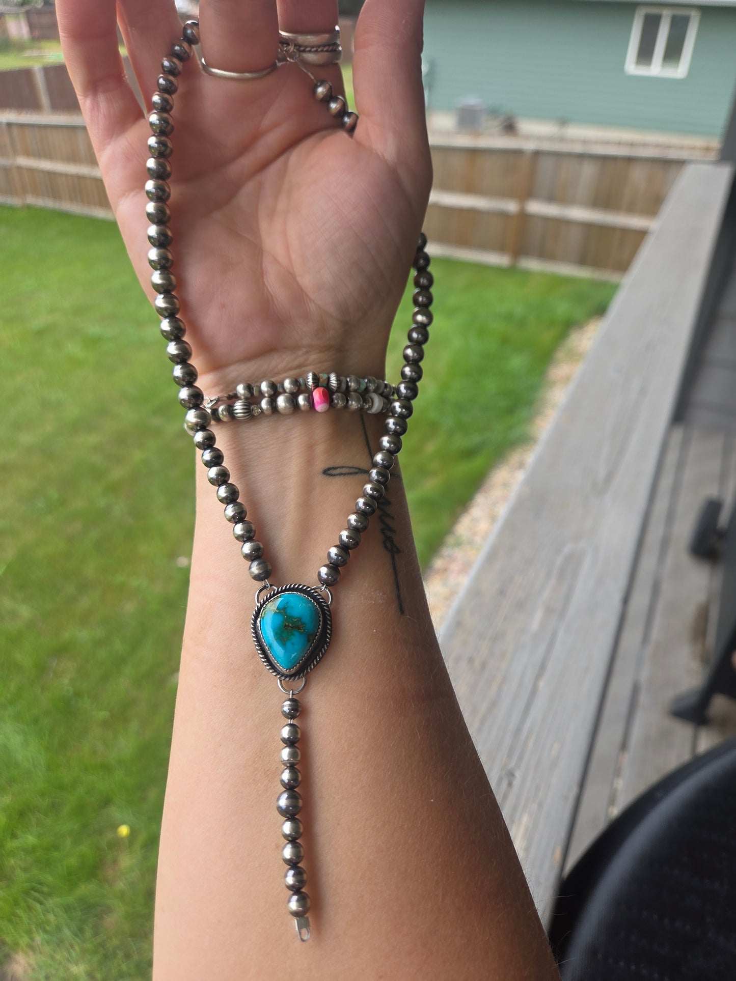Sterling Silver Navajo Style Pearls • Sonoran Turquoise  16 inches
