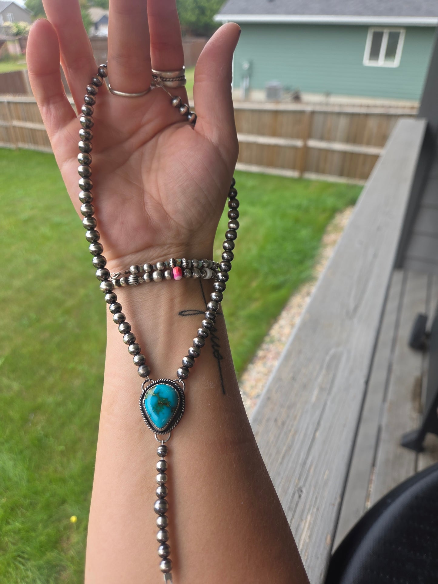 Sterling Silver Navajo Style Pearls • Sonoran Turquoise  16 inches