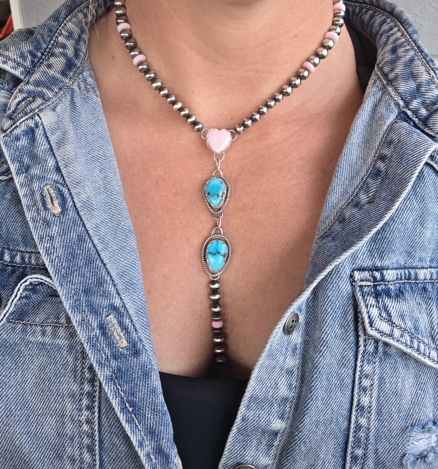 Pink Conch & Sterling Silver Navajo Style Pearls • Heart Pink Conch • Egyptian Turquoise  16 inches