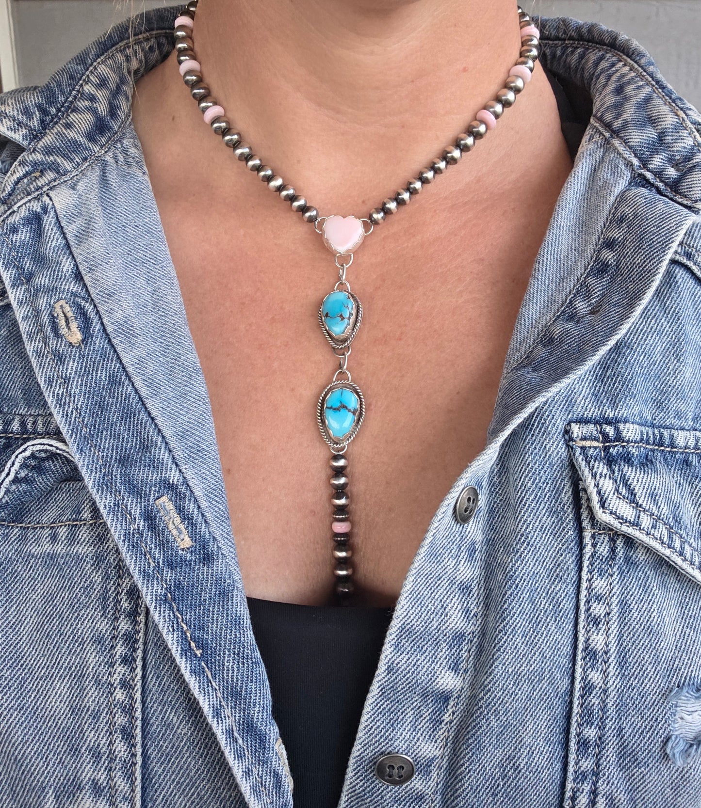 Pink Conch & Sterling Silver Navajo Style Pearls • Heart Pink Conch • Egyptian Turquoise  16 inches