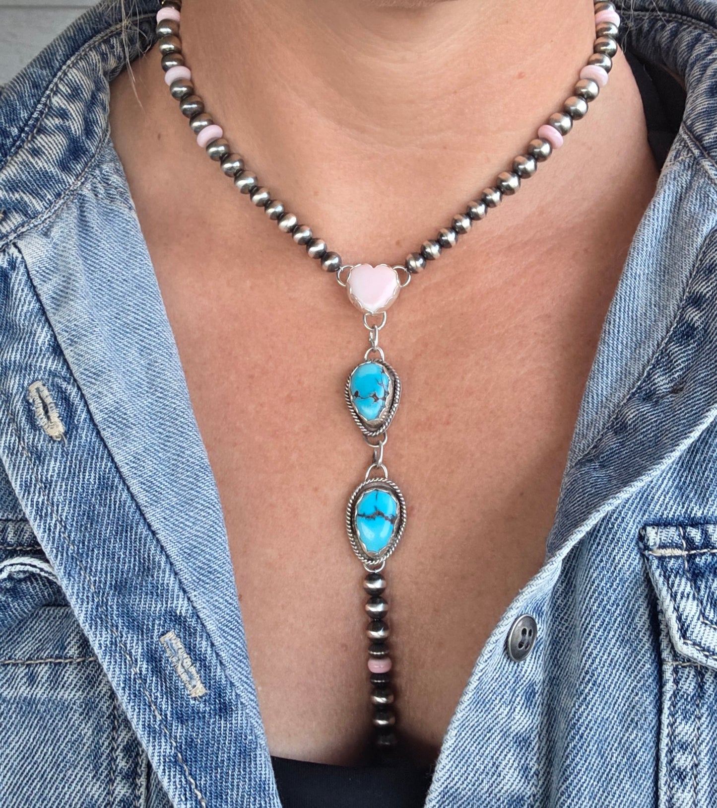 Pink Conch & Sterling Silver Navajo Style Pearls • Heart Pink Conch • Egyptian Turquoise  16 inches